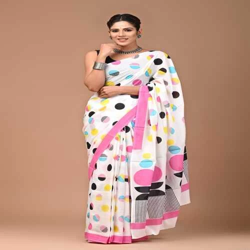 Hand Printed Mul Cotton Saree || RXNN8B