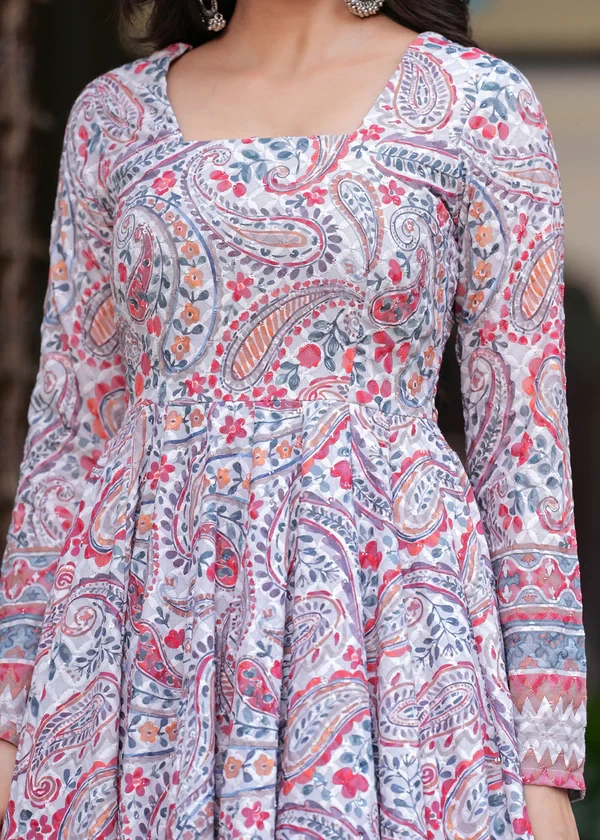 Anarkali Ethnic Motifs Embroidered & Printed Schiffly Sequined || 4VJ1FN