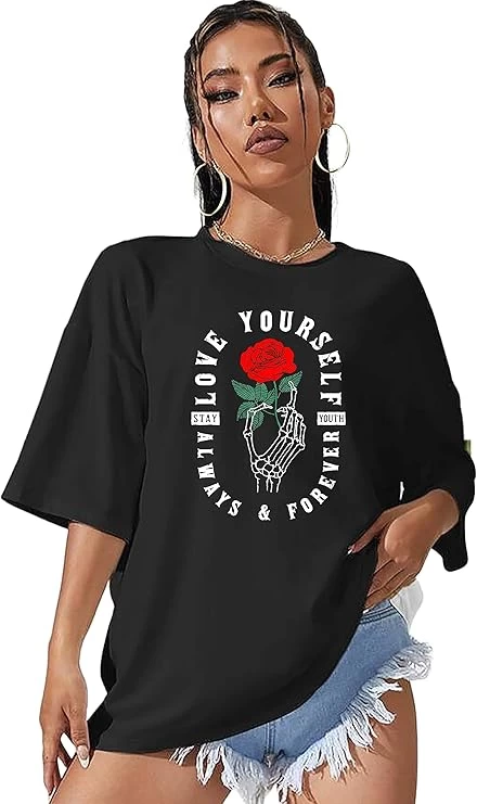 Oversized Longline Drop Shoulder Boho Style ||Love Your Self Women T-Shirt