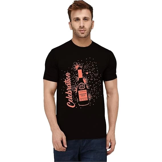 London Hills Men's Regular Fit Celebration Slogan Printed Black T-Shirt || LH713