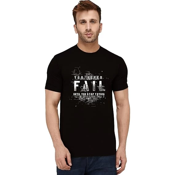 London Hills Men's Regular Fit Half Sleeve Never Fail Slogan Printed Black T-Shi
