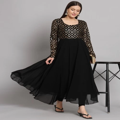 Women Black Georgette Foil print Anarkali Kurta || B9W4SC