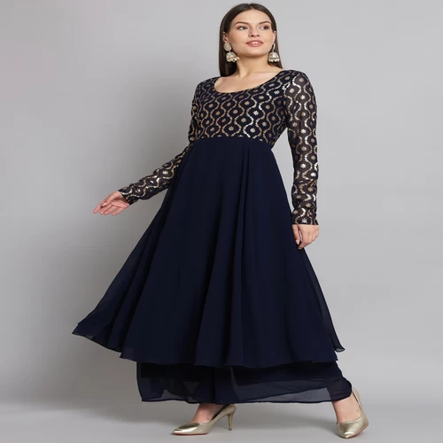 Women Blue Georgette Foil print Anarkali Kurta || EFBC47