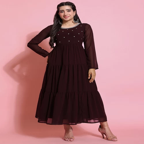 Women Brown Georgette Embroidery Tiered Anarkali Kurta || 18VJEN