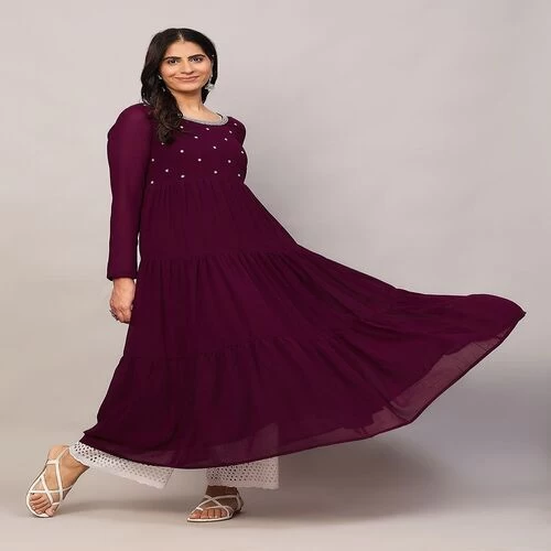 Women Purple Georgette Embroidery Tiered Anarkali Kurta || 82BK5M