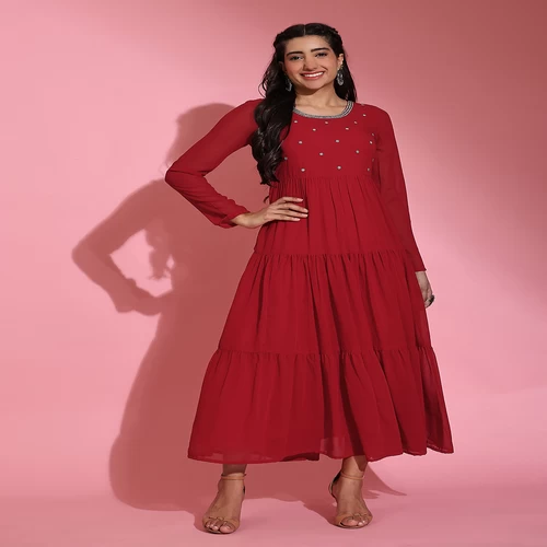 Women Red Georgette Embroidery Tiered Anarkali Kurta || 3W3C5G